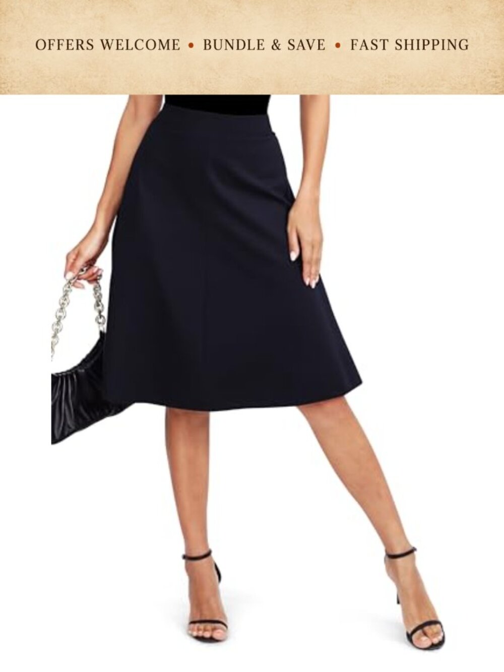 Women's Vintage A-Line Midi Skirt High Waist Elastic Knee Length